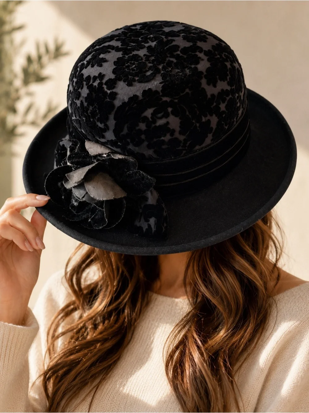Vintage Toucan Collection Black Wool Floral Cloche Bowler Hat USA Made